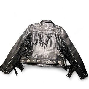 💥SOLD💥Cripple Creek Black Leather Jacket with Studs and Fringe, XXL